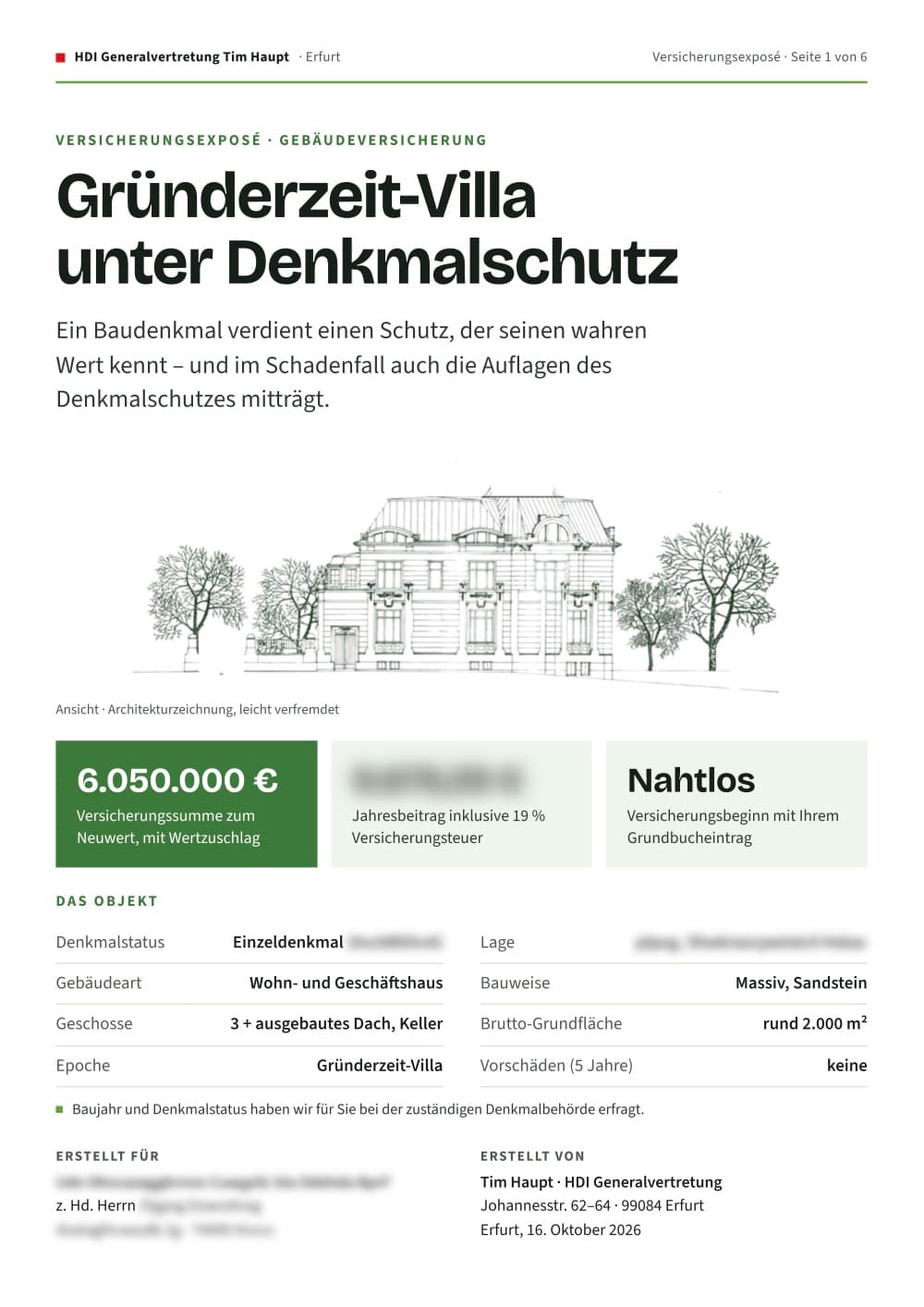 Versicherungsexposé, Seite 1: Deckblatt (verfremdet)